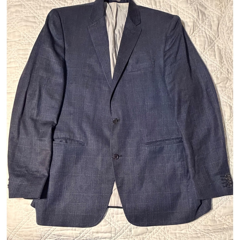 Alan Flusser Mens 42L Silk Wool Windowpane Blazer Sport Coat Navy Blue 2-Button